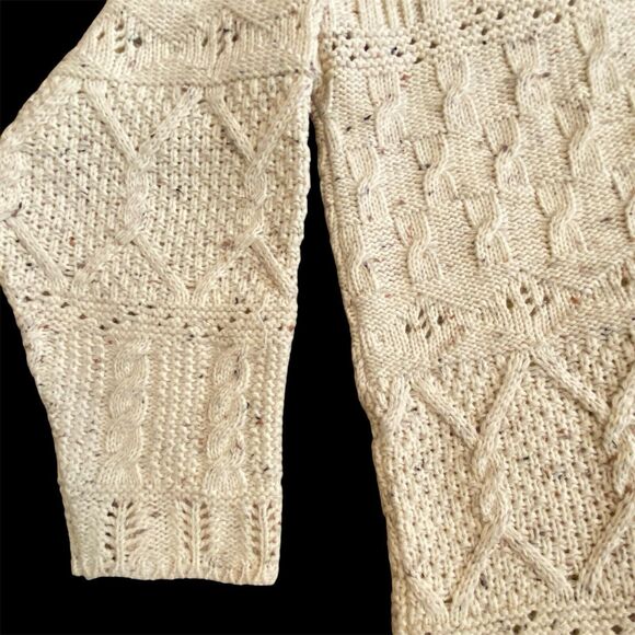 Vintage 90s UK Fisherman Cable Knit Sweater Ivory Long Sl Tweed Multi Pattern 1X - Picture 4 of 6